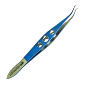 Precision Blue And Gold Titanium Castroviejo Colibri Forcep 0.12mm With 1 X 2 Teeth, On A Three Hole Handle Design, (0.12mm) 1 x 2 Teeth Set At 45 Degrees, Without Tying Platform, Overall Length Of 4 1/8" (105mm) 